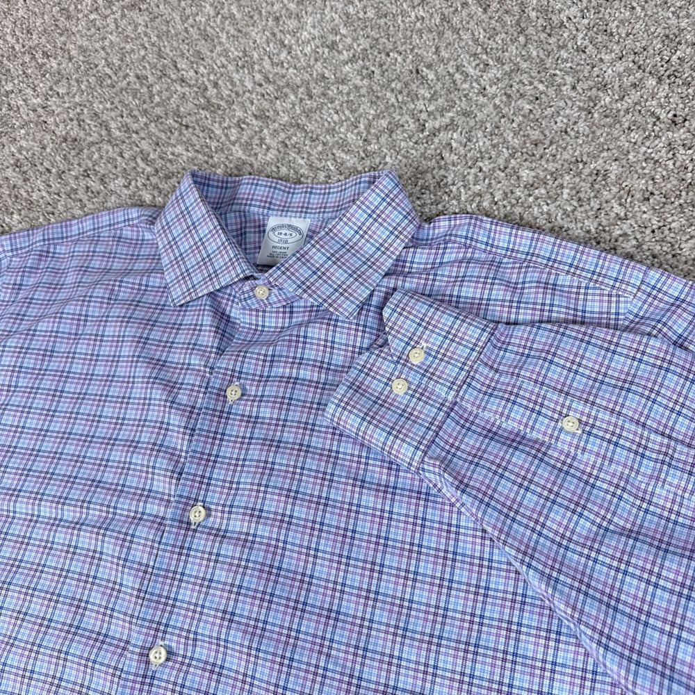 Brooks Brothers Shirt Mens 18 4/5 Blue Purple Plaid Regent Non Iron Cotton Dress